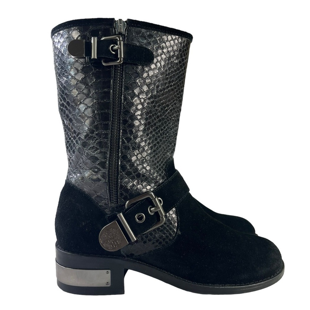 Vince Camuto Witty 2 Moto Boots Black Suede Snakeskin Buckle Y2K Goth Women‎ 6.5